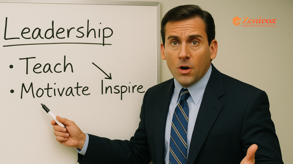 Michael Scott ao lado de quadro branco com tópicos sobre liderança, apontando para as palavras “Teach”, “Motivate” e “Inspire”, com expressão surpresa, representando as lições de Gestão Administrativa