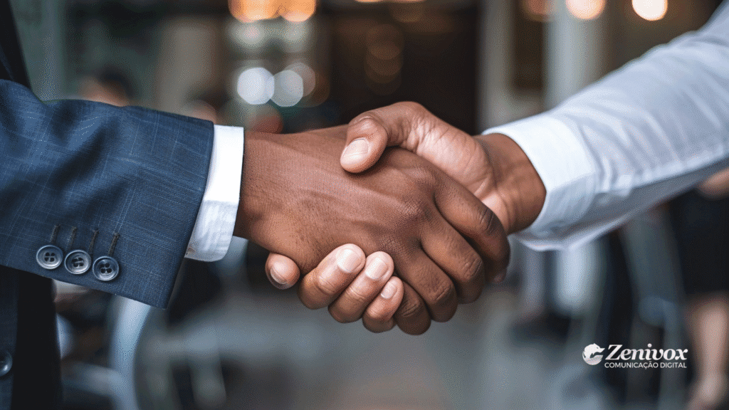 Aperto de mãos entre duas pessoas vestindo ternos, simbolizando o fechamento de vendas, com ambiente corporativo desfocado ao fundo.