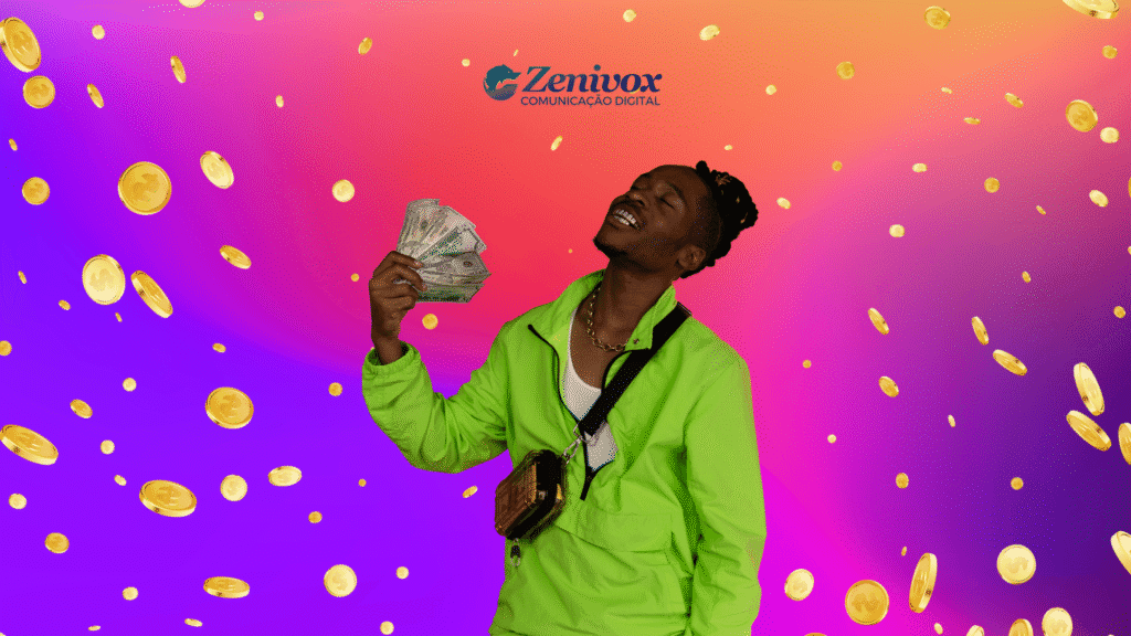Homem sorrindo e segurando notas de dinheiro, cercado por moedas douradas flutuando sobre um fundo degradê vibrante em rosa, laranja e roxo. Representando o sucesso de Negócios Lucrativos e Baratos para Abrir.