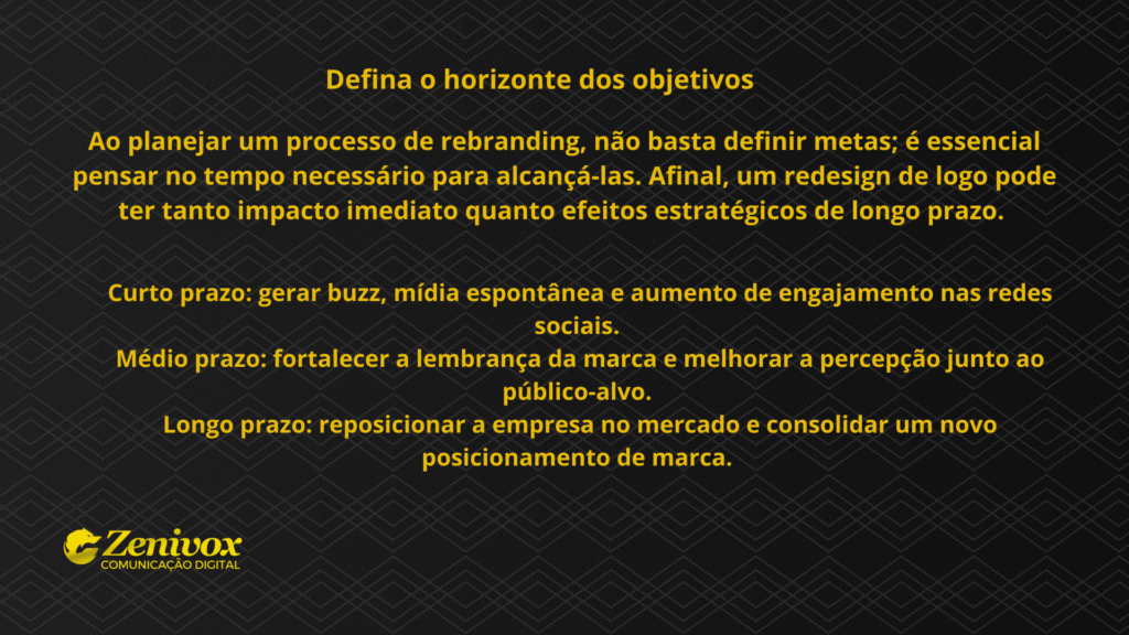 Slide com fundo preto e padrão geométrico, contendo texto em amarelo que orienta sobre a definição de objetivos em processos de rebranding. Aponta metas de curto, médio e longo prazo, desde gerar buzz até reposicionar a marca no mercado.