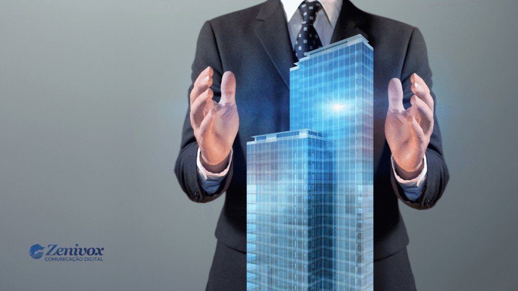 Empresário em terno segurando holograma de prédio corporativo, simbolizando controle e estratégia na gestão de negócios.