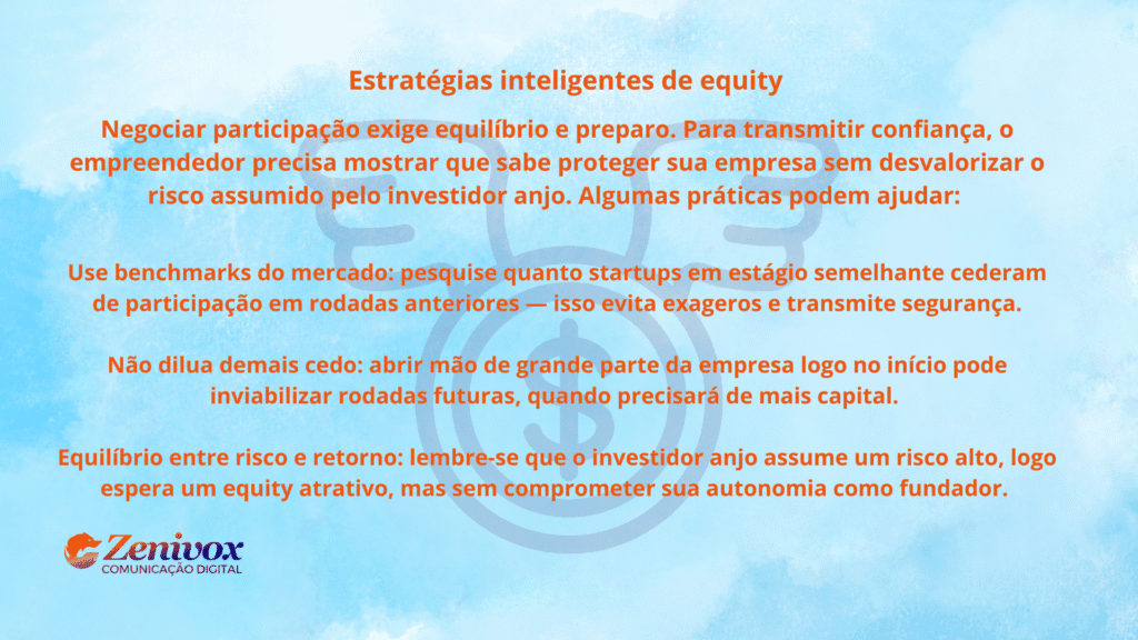 Arte explicativa sobre estratégias inteligentes de equity, mostrando boas práticas para empreendedores ao negociar participação com investidores.