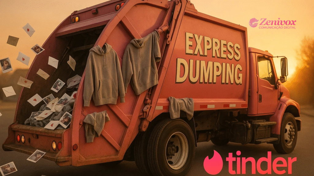 Caminhão de lixo rosa com a frase “Express Dumping” na lateral, carregado com fotos, cartas e moletons sendo descartados, simbolizando términos rápidos. Logotipo do Tinder no canto inferior direito.
