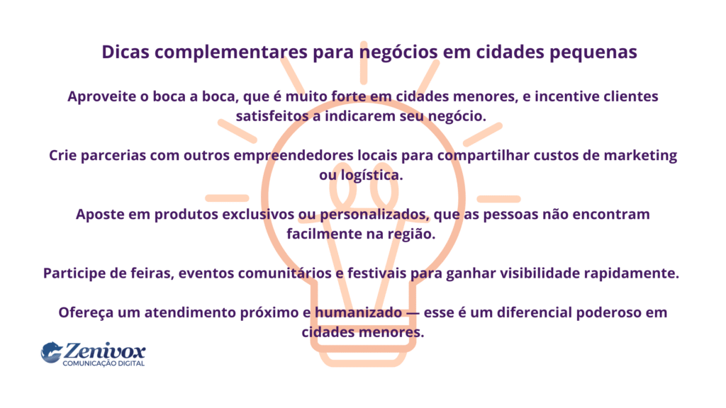 Infográfico com dicas estratégicas para impulsionar negócios lucrativos em cidades pequenas, valorizando a proximidade e a personalização no atendimento.