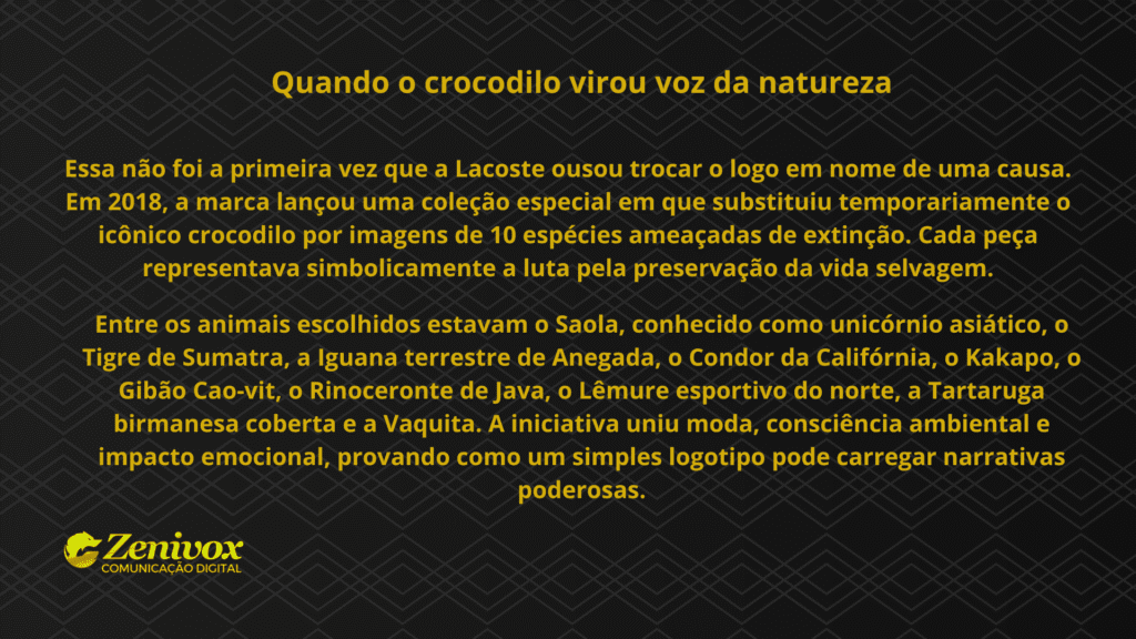 Slide em fundo preto com padrão geométrico e texto em amarelo contando a história de 2018, quando a Lacoste substituiu o crocodilo por 10 espécies ameaçadas em sua coleção especial, unindo moda e preservação ambiental.
