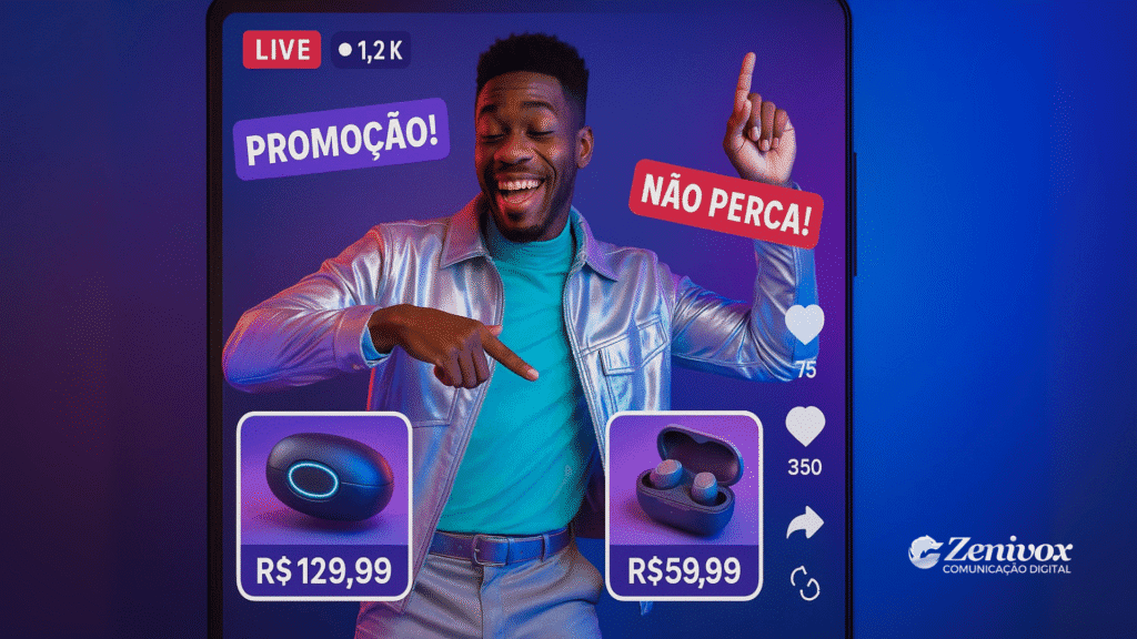 Homem sorridente e animado, vestindo jaqueta metálica, aponta para fones de ouvido em promoção durante uma live, simulando interface do TikTok Shop, com banners “Promoção!” e “Não perca!”.