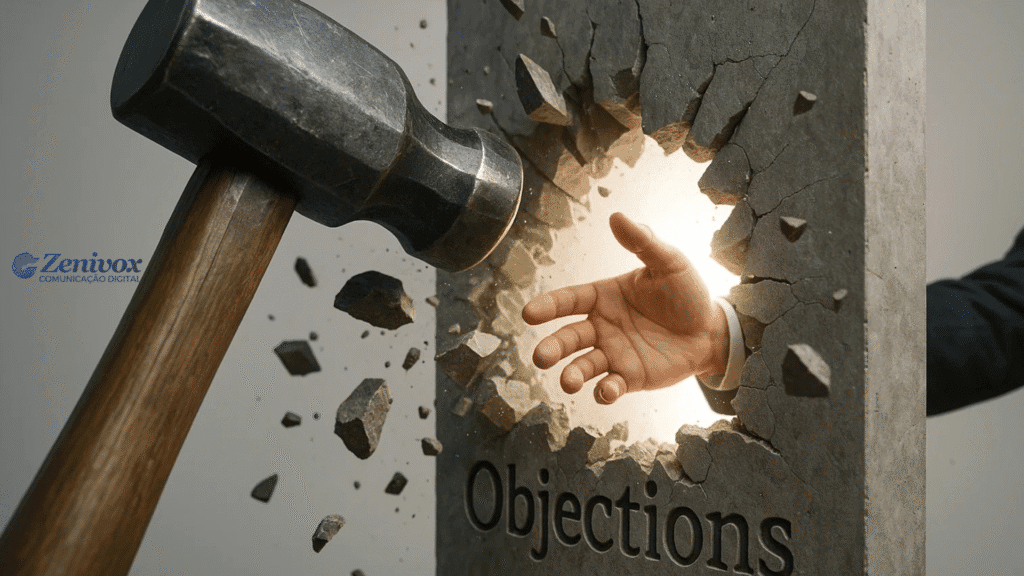Martelo destruindo a palavra "Objections" em uma parede de concreto, com uma mão estendida saindo pelo buraco criado, simbolizando como quebrar objeções em vendas .