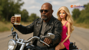 Homem de jaqueta de couro pilotando uma moto, segurando um copo de cerveja, com uma boneca semelhante à Barbie sentada na garupa, em um cenário de estrada ao ar livre, representando o marketing social.