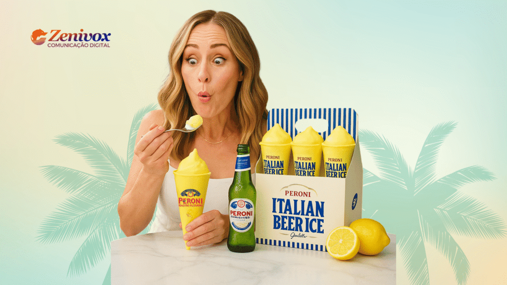 Mulher surpresa experimentando um sorvete de cerveja Peroni, ao lado de garrafa e embalagem com múltiplos cones de “Italian Beer Ice”, em cenário tropical, representando uma ativação de marca criativa.