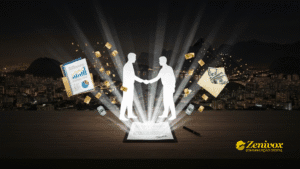 Silhueta de dois homens em aperto de mão, iluminados por feixes de luz que emergem de um contrato assinado sobre a mesa. Ao redor, elementos visuais de estratégia de vendas: gráficos de crescimento, pastas com relatórios, envelopes cheios de dinheiro e barras de ouro, todos flutuando e irradiando prosperidade. Ao fundo, a cidade iluminada à noite reforça a ideia de expansão e oportunidades.