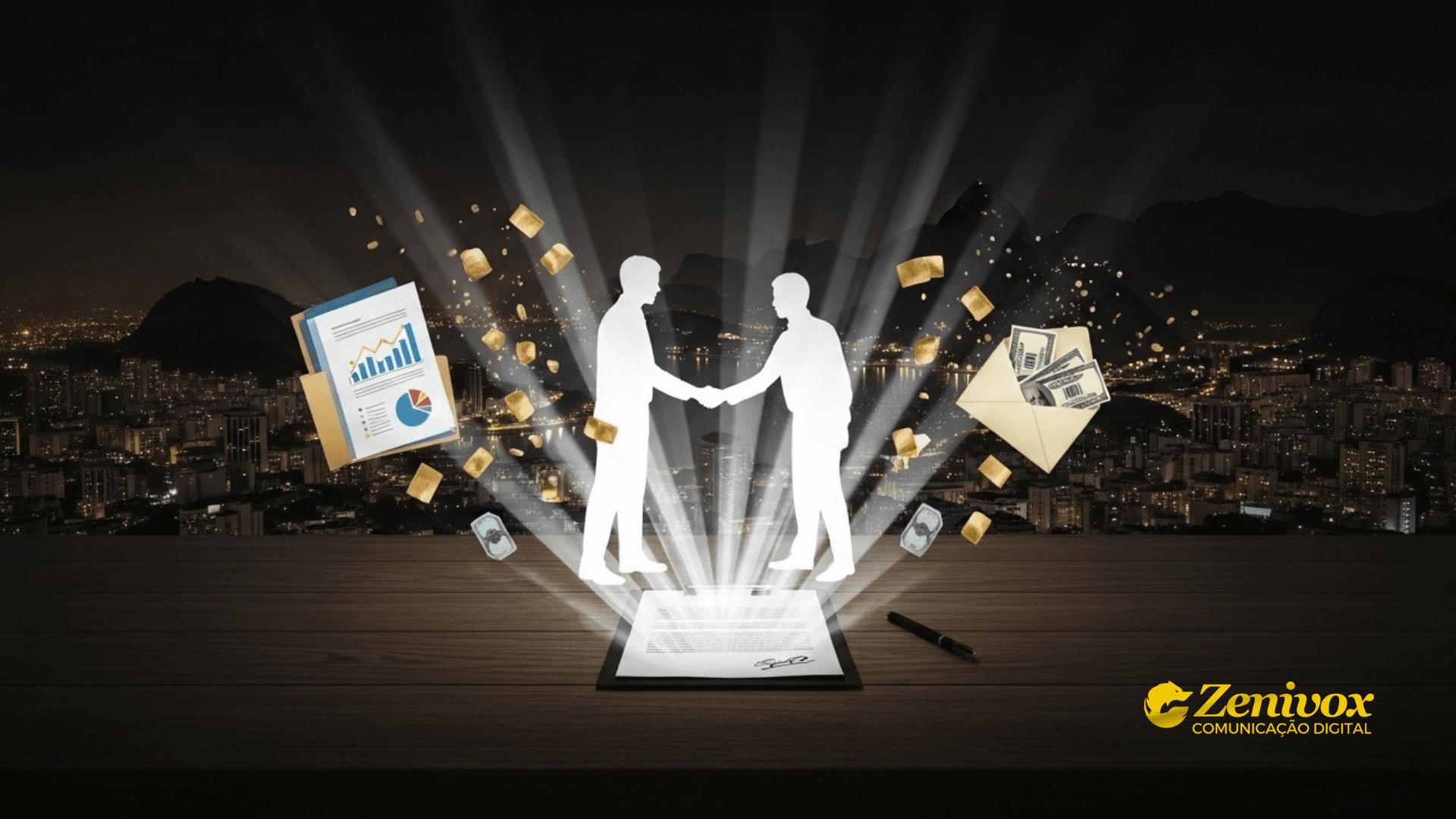 Silhueta de dois homens em aperto de mão, iluminados por feixes de luz que emergem de um contrato assinado sobre a mesa. Ao redor, elementos visuais de estratégia de vendas: gráficos de crescimento, pastas com relatórios, envelopes cheios de dinheiro e barras de ouro, todos flutuando e irradiando prosperidade. Ao fundo, a cidade iluminada à noite reforça a ideia de expansão e oportunidades.