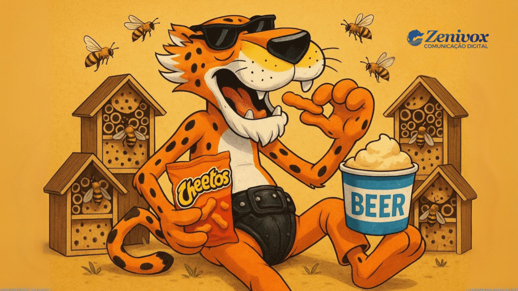Cheetos mascote Chester Cheetah relaxando de óculos escuros, comendo salgadinhos e segurando um copo de cerveja cremosa. Ao fundo, várias abelhas circulam casas de madeira que lembram colmeias modernas, criando uma cena irreverente de ativação de marca criativa.