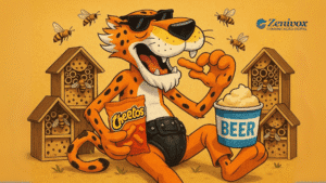 Cheetos mascote Chester Cheetah relaxando de óculos escuros, comendo salgadinhos e segurando um copo de cerveja cremosa. Ao fundo, várias abelhas circulam casas de madeira que lembram colmeias modernas, criando uma cena irreverente de ativação de marca criativa.