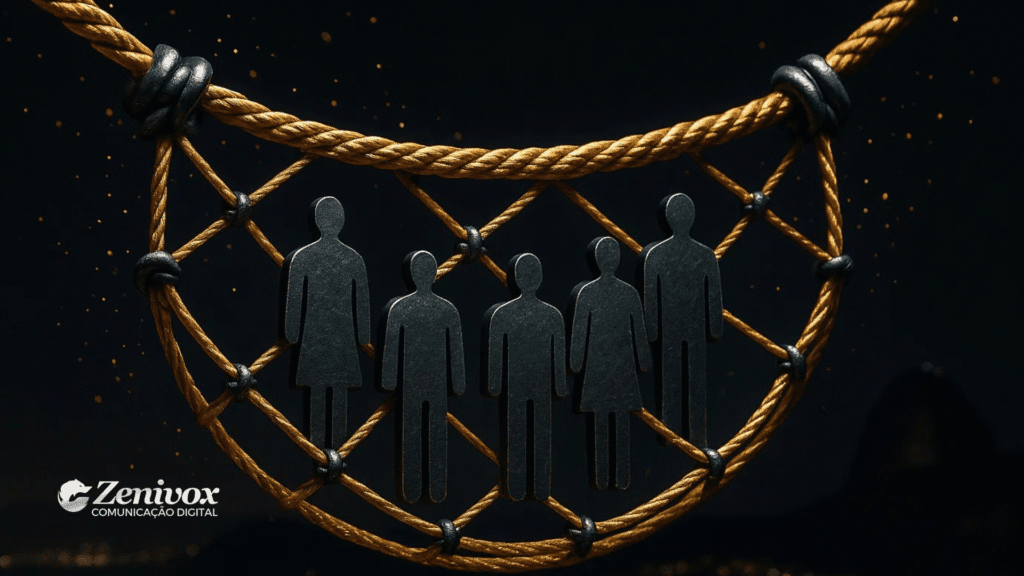 Rede de cordas segurando ícones de pessoas, representando a retenção de talentos nas empresas.