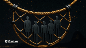 Rede de cordas segurando ícones de pessoas, representando a retenção de talentos nas empresas.