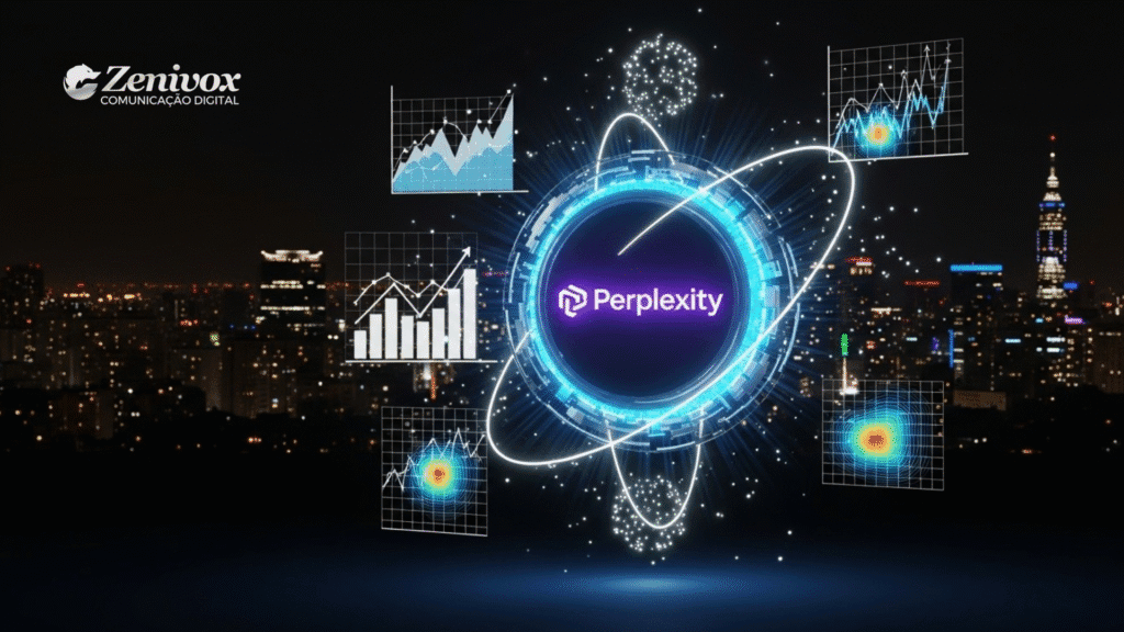 Pesquisa de mercado com a Perplexity, representada por gráficos e análises de dados em ambiente digital.