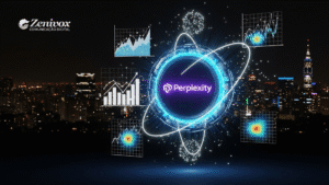 Pesquisa de mercado com a Perplexity, representada por gráficos e análises de dados em ambiente digital.