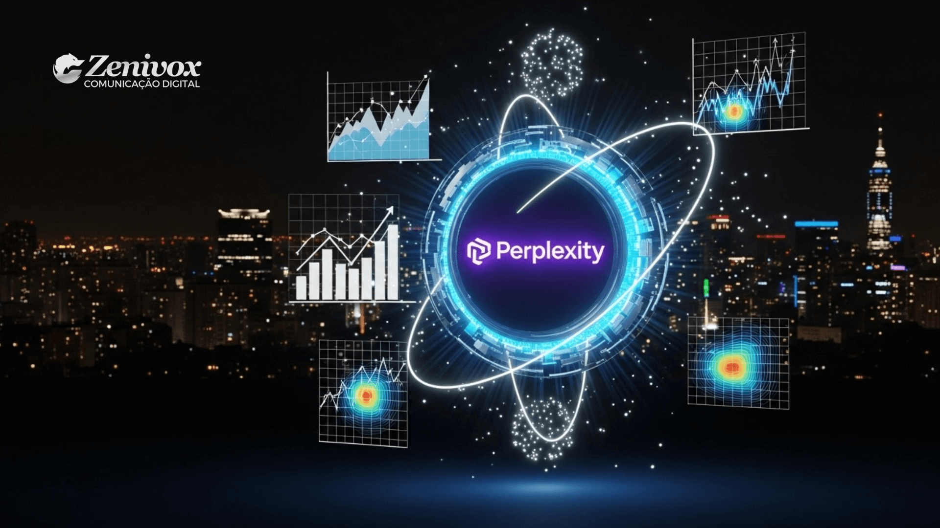 Pesquisa de mercado com a Perplexity, representada por gráficos e análises de dados em ambiente digital.