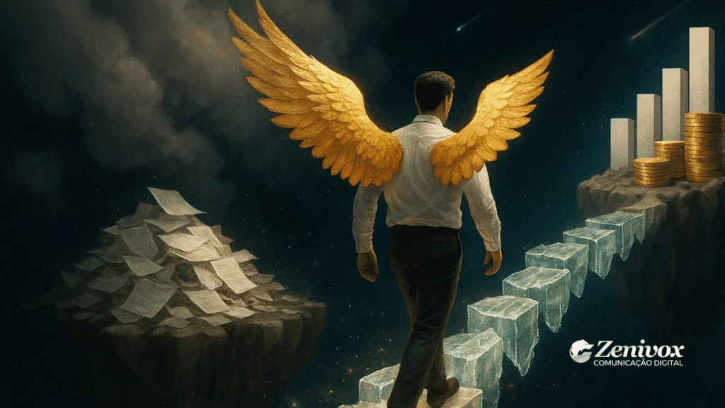 Homem de costas com asas douradas caminha por degraus flutuantes em direção a pilhas de moedas e gráficos ascendentes, simbolizando investimento anjo e crescimento financeiro.