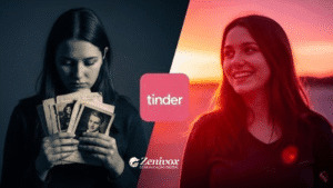 Mulher dividida em duas imagens: à esquerda, em preto e branco, olha para fotos antigas com expressão triste; à direita, em cores quentes ao pôr do sol, sorri confiante. Representando o posicionamento de marca do tinder.