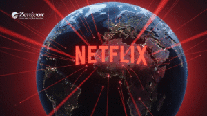 Globo terrestre iluminado com destaque para a palavra Netflix em vermelho, representando a expansão global das Campanhas de Marketing da marca.