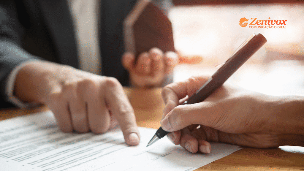 Close de duas pessoas finalizando um contrato: uma mão segura a caneta prestes a assinar, enquanto a outra aponta para o local da assinatura. Ao fundo, desfocado, aparece um objeto em formato de casa, reforçando o conceito de estratégia de vendas.
