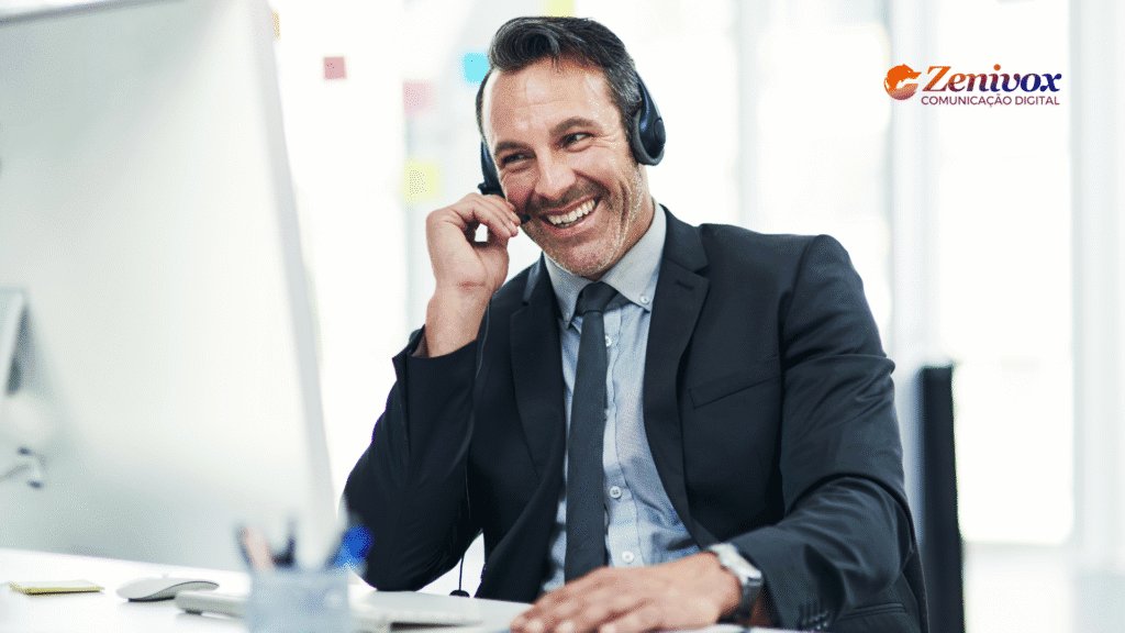 Executivo sorridente em atendimento remoto com headset, simbolizando a conclusão sobre Inside Sales e seu significado como modelo estratégico de vendas modernas.
