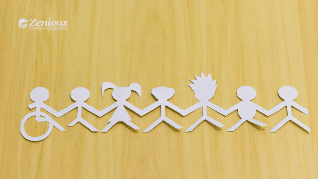 Corrente de bonecos de papel representando diversidade e inclusão, com figuras de diferentes formatos e uma em cadeira de rodas, sobre fundo de madeira clara, representando o marketing social.
