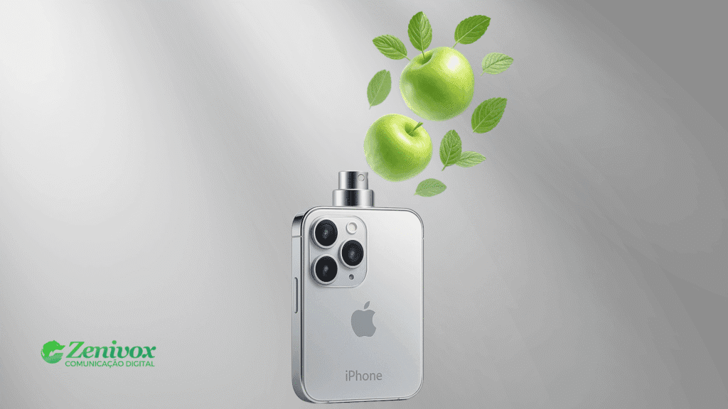 iPhone estilizado como frasco de perfume, liberando aroma de maçãs verdes com folhas frescas, simbolizando a assinatura olfativa da Apple e sua conexão com inovação sensorial. Representando o marketing olfativo da Apple.