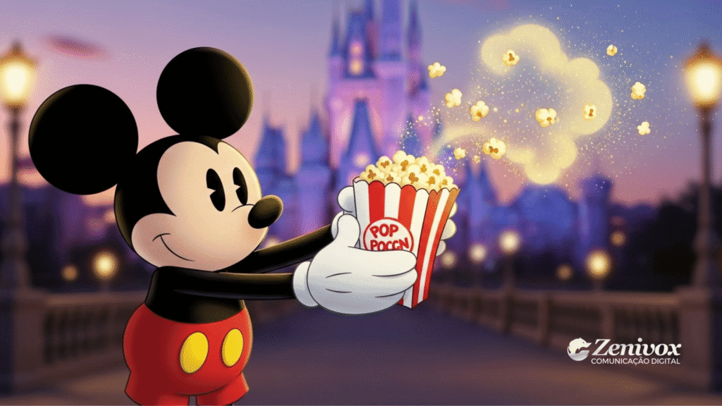 Mickey Mouse sorridente segurando um saco de pipoca fumegante, de onde saem nuvens aromáticas douradas que evocam magia, nostalgia e lembranças de infância nos parques da Disney.
