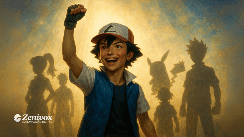 Ash Ketchum levanta o braço sorridente e confiante, com sua equipe projetada em silhueta ao fundo, simbolizando inspiração, entusiasmo e liderança carismática.