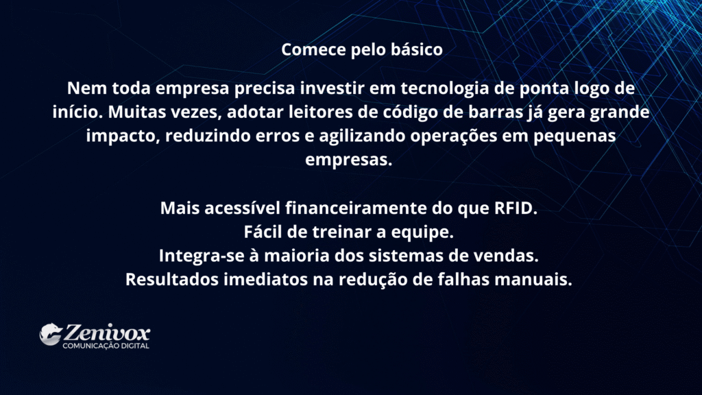 Slide explicativo sobre automação de processos de entrada e saída de produtos, destacando o uso de leitores de código de barras como solução acessível para pequenas empresas.