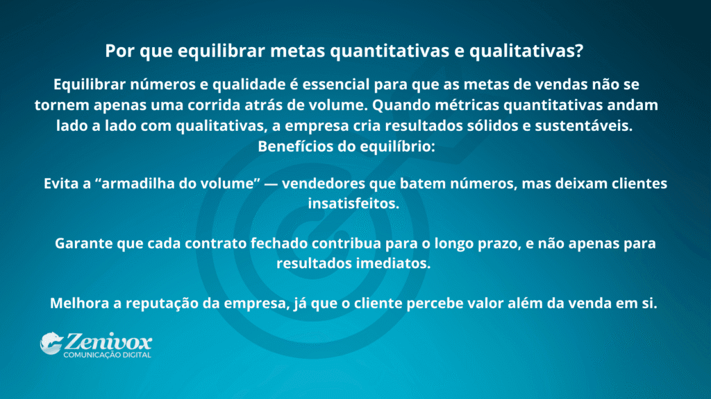 Slide corporativo em fundo azul explicando a importância de balancear metas quantitativas e qualitativas nas vendas, destacando o impacto no crescimento sustentável e na fidelização de clientes.