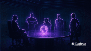 Ilustração futurista mostrando cinco líderes inspirados na cultura pop em uma mesa redonda iluminada por hologramas roxos, simbolizando diversidade, lealdade, disciplina, suporte e inspiração na gestão de equipe.