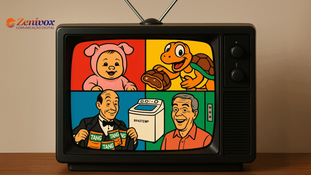 Televisão retrô exibindo quatro propagandas icônicas dos anos 90 em estilo Pop Art: bebê Parmalat fantasiado, tartaruga da Tortuguita com recheio, mordomo do Tang oferecendo sucos em pó e o famoso “Não é uma Brastemp” com máquina de lavar e tio da Sukita sorridente. Simbolizando as propagandas criativas dos anos 90.