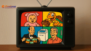 Televisão retrô exibindo quatro propagandas icônicas dos anos 90 em estilo Pop Art: bebê Parmalat fantasiado, tartaruga da Tortuguita com recheio, mordomo do Tang oferecendo sucos em pó e o famoso “Não é uma Brastemp” com máquina de lavar e tio da Sukita sorridente. Simbolizando as propagandas criativas dos anos 90.