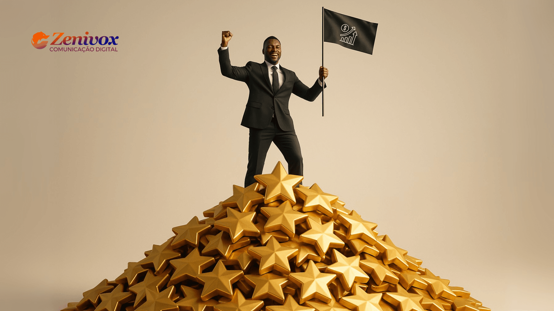 Homem de negócios sorridente, em pé sobre uma pilha de estrelas douradas, segurando uma bandeira preta com ícone de crescimento e vendas.Simbolizando o sucesso em conseguir prova social do cliente.