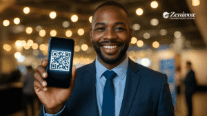 Homem negro sorridente, vestido com terno e gravata, segura um celular exibindo um QR Code luminoso em um ambiente de feira de negócios iluminado. A cena representa o empreendedor informal participando da Feira do Empreendedor SEBRAE 2025, simbolizando inovação, acesso digital e oportunidades de crescimento.