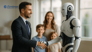Homem de terno cumprimenta um robô humanóide em ambiente corporativo, transmitindo a ideia de colaboração entre pessoas e inteligência artificial. Ao fundo, uma família sorri, simbolizando como a IA pode liberar tempo para o convívio pessoal e equilíbrio de vida. Simbolizando a gestão de tempo.