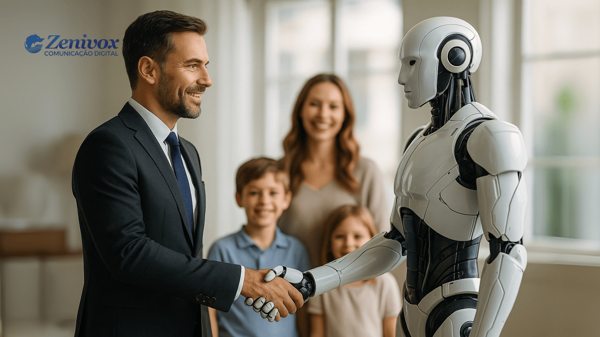 Homem de terno cumprimenta um robô humanóide em ambiente corporativo, transmitindo a ideia de colaboração entre pessoas e inteligência artificial. Ao fundo, uma família sorri, simbolizando como a IA pode liberar tempo para o convívio pessoal e equilíbrio de vida. Simbolizando a gestão de tempo.