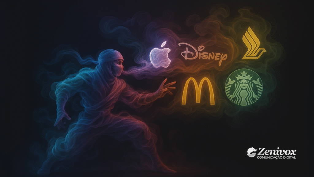 Ilustração artística de um ninja formado por fumaça colorida interagindo com logotipos de grandes marcas — Apple, Disney, McDonald’s, Starbucks e Singapore Airlines — simbolizando o poder invisível do marketing olfativo.