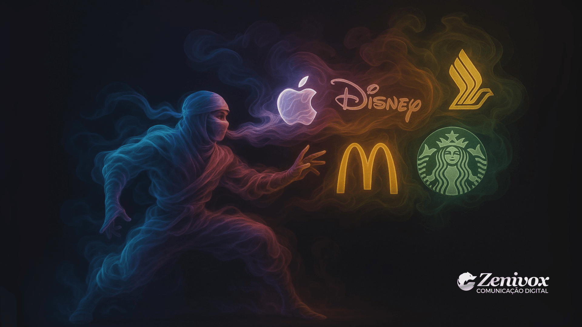 Ilustração artística de um ninja formado por fumaça colorida interagindo com logotipos de grandes marcas — Apple, Disney, McDonald’s, Starbucks e Singapore Airlines — simbolizando o poder invisível do marketing olfativo.