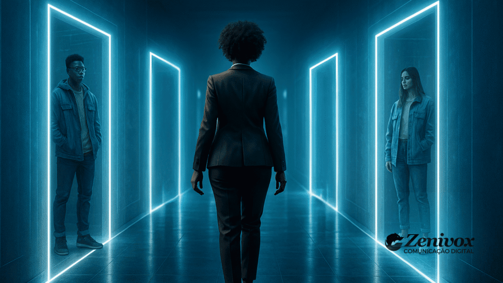 Prospecção de clientes com inteligência artificial: mulher caminha por corredor digital iluminado com portas de luz, representando oportunidades e escolhas estratégicas.