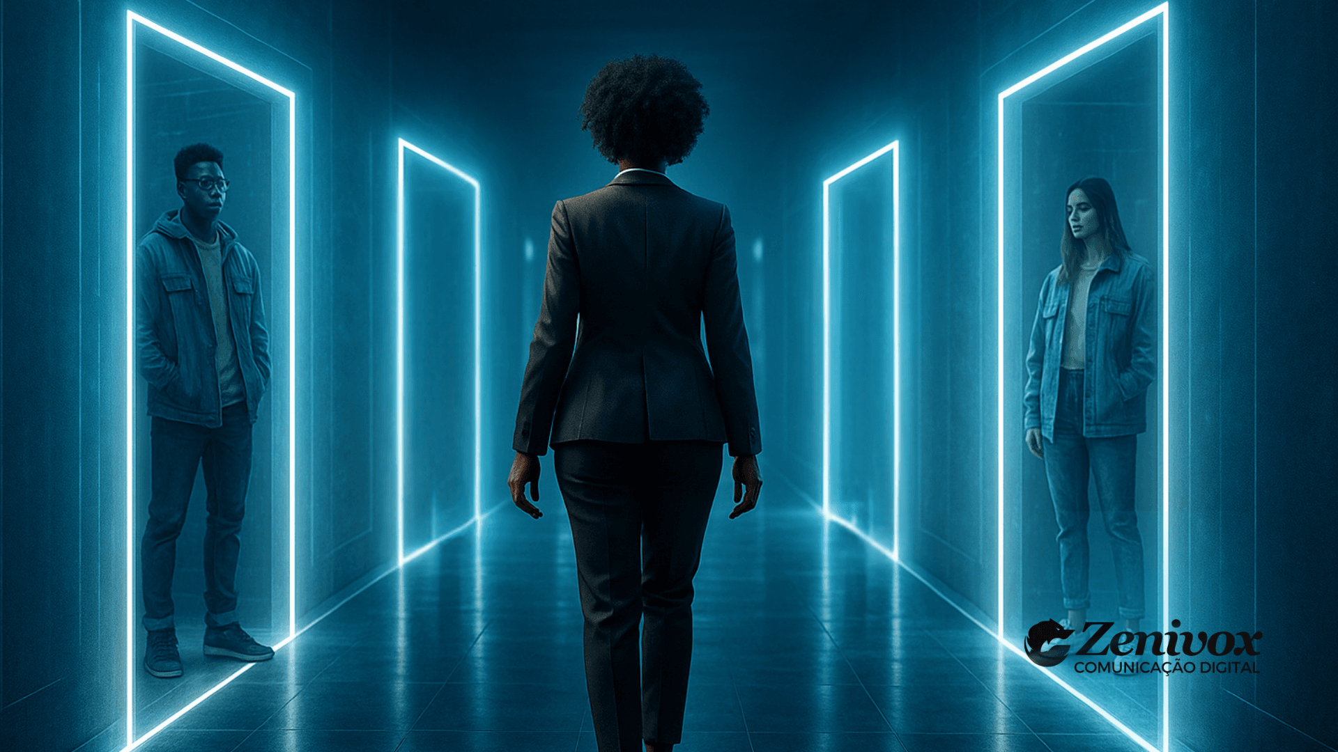 Prospecção de clientes com inteligência artificial: mulher caminha por corredor digital iluminado com portas de luz, representando oportunidades e escolhas estratégicas.