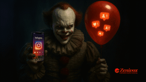 Pennywise segurando um balão vermelho com ícones de engajamento digital e um celular com o aplicativo Instagram, simbolizando estratégias de engajamento alto e custo baixo.