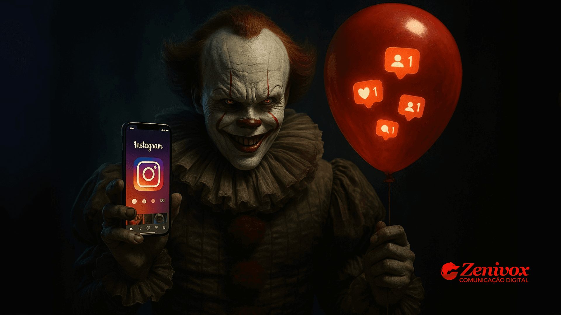 Pennywise segurando um balão vermelho com ícones de engajamento digital e um celular com o aplicativo Instagram, simbolizando estratégias de engajamento alto e custo baixo.