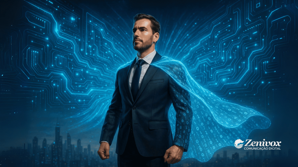 Homem confiante de terno, em pé diante de uma cidade iluminada à noite, usando uma capa digital azul feita de códigos binários e circuitos, representando o poder transformador da tecnologia e das startups no empreendedorismo tecnológico.