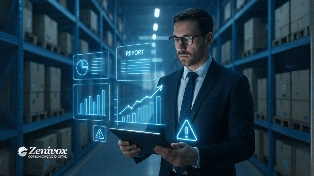 Empresário em terno escuro dentro de um estoque moderno, segurando um tablet que projeta hologramas de gráficos e relatórios digitais, representando tecnologia aplicada à gestão de estoque.