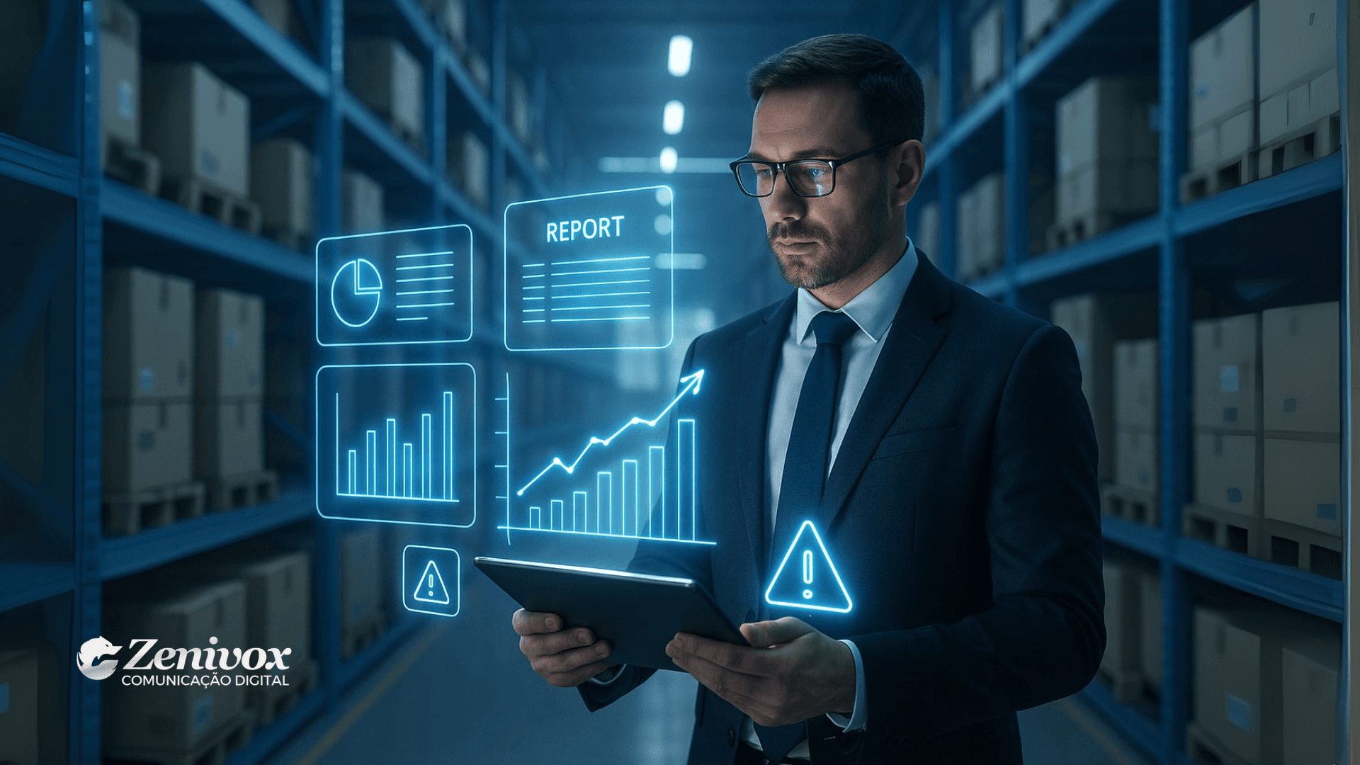 Empresário em terno escuro dentro de um estoque moderno, segurando um tablet que projeta hologramas de gráficos e relatórios digitais, representando tecnologia aplicada à gestão de estoque.