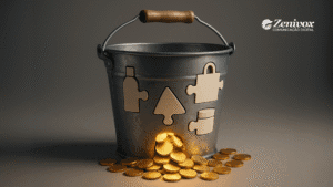 Balde metálico com furos em formato de peças de quebra-cabeça, deixando moedas douradas escaparem, simbolizando perdas financeiras e a importância de aumentar o ticket médio com estratégias inteligentes.